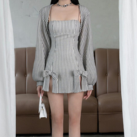 2PCS Vertical Stripe Slip Dress + Jacket - Thumbnail 1