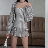 2PCS Vertical Stripe Slip Dress + Jacket - Thumbnail 4