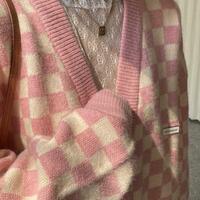 Pink Checkered Button Knit Cardigan  - Thumbnail 2