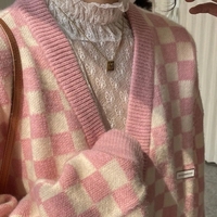 Pink Checkered Button Knit Cardigan  - Thumbnail 5