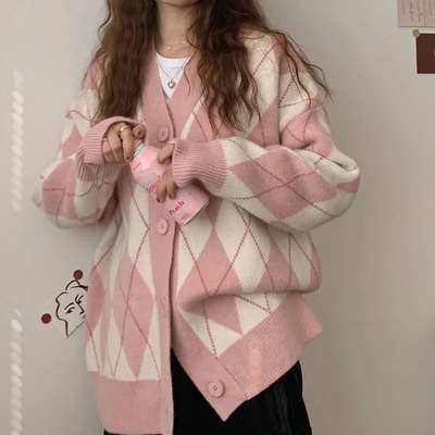 Pink Argyle V Neck Sweater 