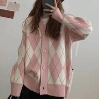 Pink Argyle V Neck Sweater  - Thumbnail 1