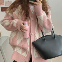 Pink Argyle V Neck Sweater  - Thumbnail 4