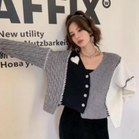 Grey Heart V Neck Patchwork Cardigan  - Thumbnail 1