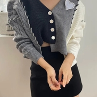 Grey Heart V Neck Patchwork Cardigan  - Thumbnail 2