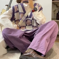 Purple Flower Knit Sweater Vest - Thumbnail 1