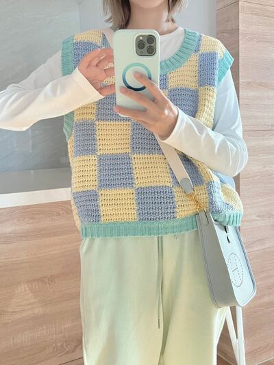 Blue & Yellow Checkered Crochet Sweater Vest 
