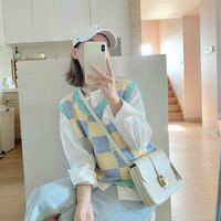 Blue & Yellow Checkered Crochet Sweater Vest  - Thumbnail 1