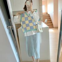 Blue & Yellow Checkered Crochet Sweater Vest  - Thumbnail 3