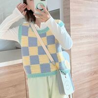 Blue & Yellow Checkered Crochet Sweater Vest  - Thumbnail 4