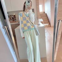 Blue & Yellow Checkered Crochet Sweater Vest  - Thumbnail 5