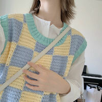 Blue & Yellow Checkered Crochet Sweater Vest  - Thumbnail 8