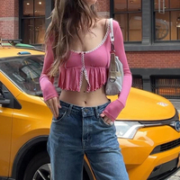 Pink Frill Lace Long Sleeve Crop Top - Thumbnail 1