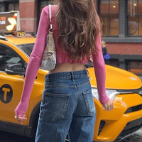 Pink Frill Lace Long Sleeve Crop Top - Thumbnail 4