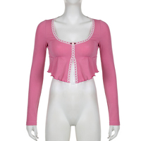 Pink Frill Lace Long Sleeve Crop Top - Thumbnail 5