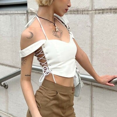 White v neck side tie up crop top - Thumbnail 1