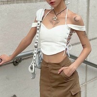 White V Neck Side Tie Up Crop Top - Thumbnail 1