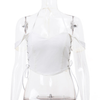 White V Neck Side Tie Up Crop Top - Thumbnail 4