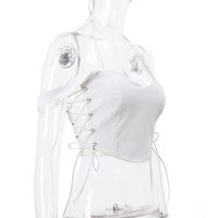 White V Neck Side Tie Up Crop Top - Thumbnail 5