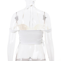 White V Neck Side Tie Up Crop Top - Thumbnail 6