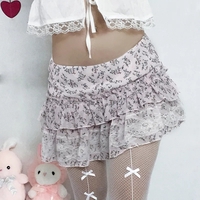 Floral Lace A-Line Chiffon Mini Skirt - Thumbnail 3