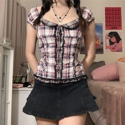 Plaid Ruffle Square V Neck Short Sleeve Top