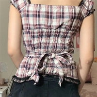 Plaid Ruffle Square V Neck Short Sleeve Top - Thumbnail 2