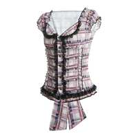 Plaid Ruffle Square V Neck Short Sleeve Top - Thumbnail 4