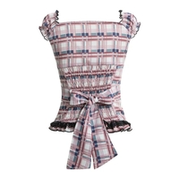 Plaid Ruffle Square V Neck Short Sleeve Top - Thumbnail 5
