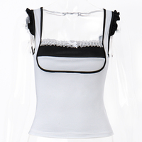 White & Black Patchwork Lace Square Neck Top - Thumbnail 5