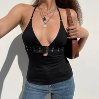 Black Belt Bandage V Neck Backless Halter Top  - Thumbnail 2