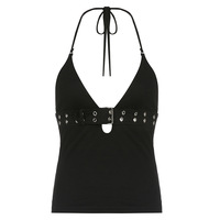 Black Belt Bandage V Neck Backless Halter Top  - Thumbnail 7