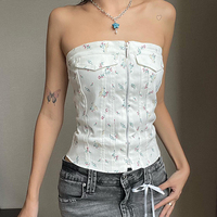 White Floral Zipper Tube Top - Thumbnail 2