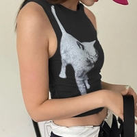Black Cat Graphic Print Crop Top  - Thumbnail 1