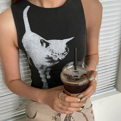 Black cat graphic print crop top  - Thumbnail 1