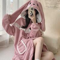 Cute Bunny Ears Hooded Flannel Nightwear Nightgown - Thumbnail 7