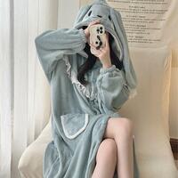 Cute Bunny Ears Hooded Flannel Nightwear Nightgown - Thumbnail 1