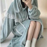 Cute Bunny Ears Hooded Flannel Nightwear Nightgown - Thumbnail 3