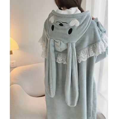 Cute bunny ears hooded flannel nightwear nightgown