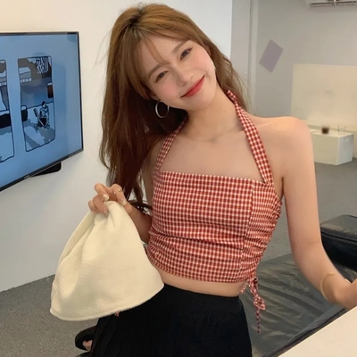 Red Plaid Lace Up Tank Top