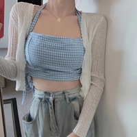 Red Plaid Lace Up Tank Top - Thumbnail 4