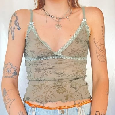 Floral print lace trim mesh crop top - Thumbnail 1