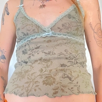 Floral Print Lace Trim Mesh Crop Top - Thumbnail 2