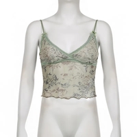 Floral Print Lace Trim Mesh Crop Top - Thumbnail 3