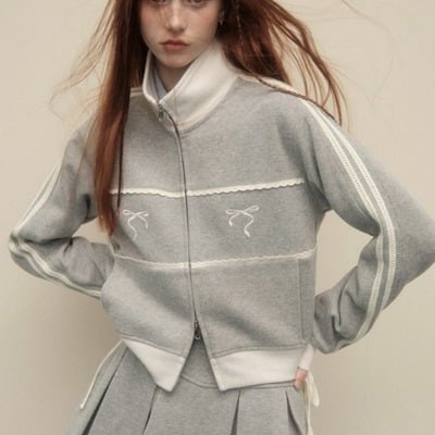 Grey bow embroidery zipper jacket 