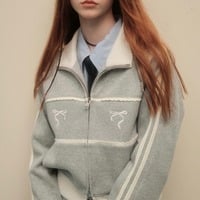 Grey Bow Embroidery Zipper Jacket  - Thumbnail 3