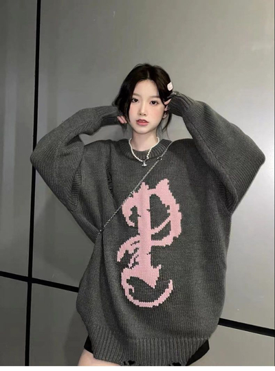 Grey Y2K Oversized Sweater 