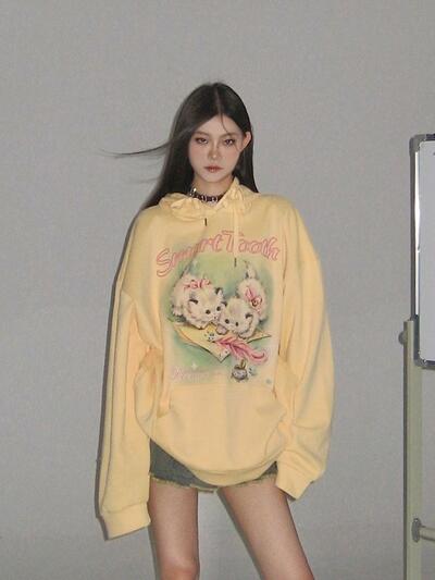 Yellow Kitten Print Sweater 
