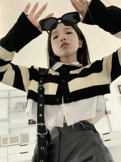 2PCS Stripe Sweater + White Shirt 