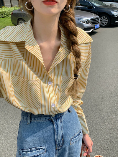 Yellow Stripe Loose Long Sleeve Shirt 
